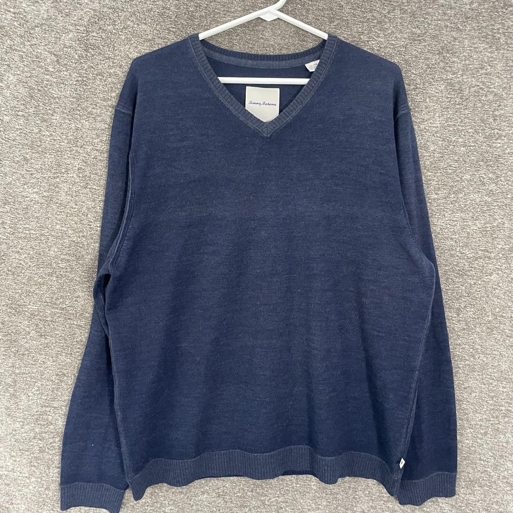 Tommy Bahama Sweater‎ Mens XL Blue 100% Merino Wool V Neck Knit Pullover